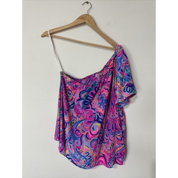 Lilly Pulitzer Fifer Silk Top Size M One-Shoulder Psychedelic Sunshine Pink - Picture 1 of 6